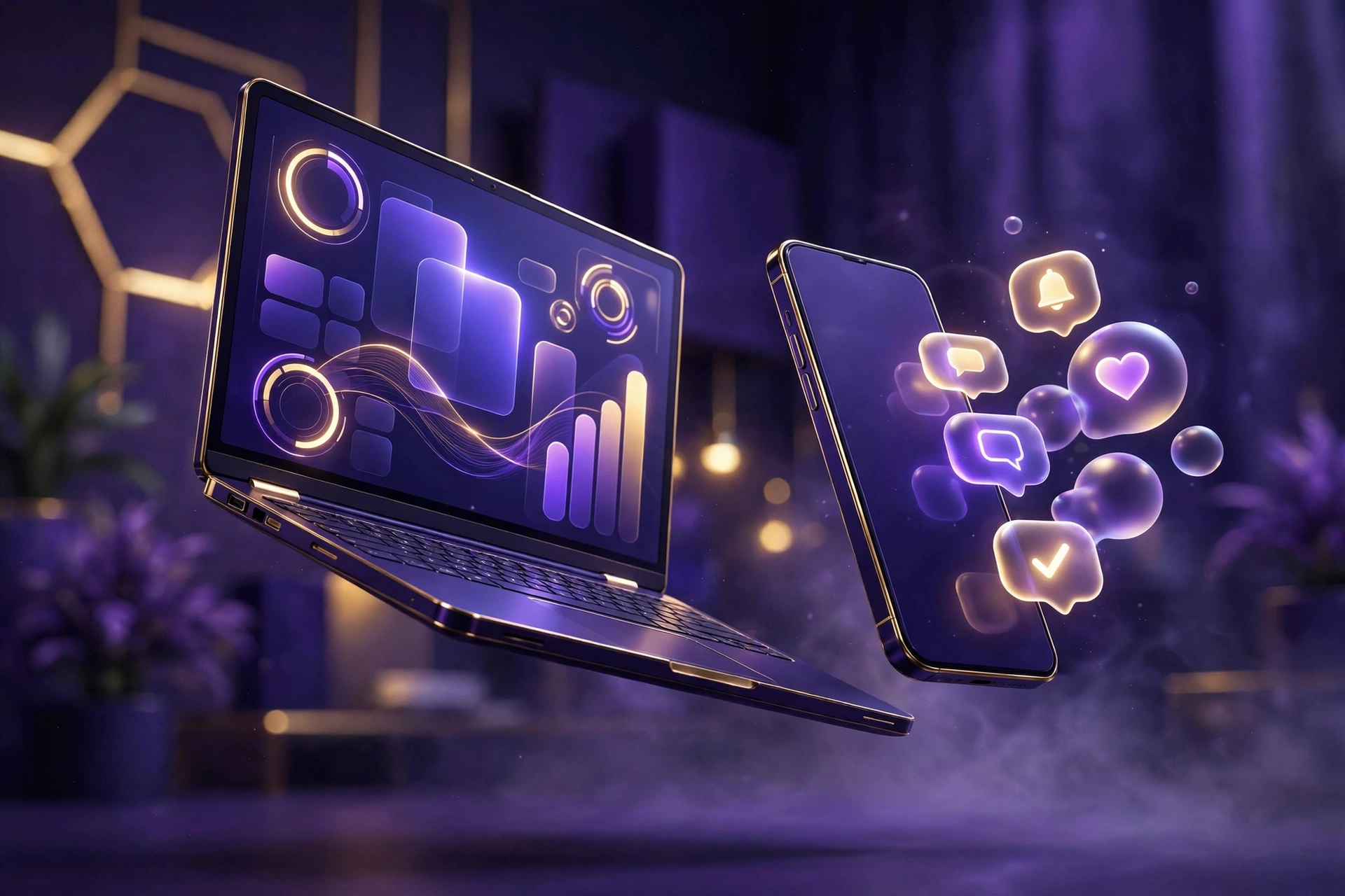 3D perspective of a custom website on laptop and phone